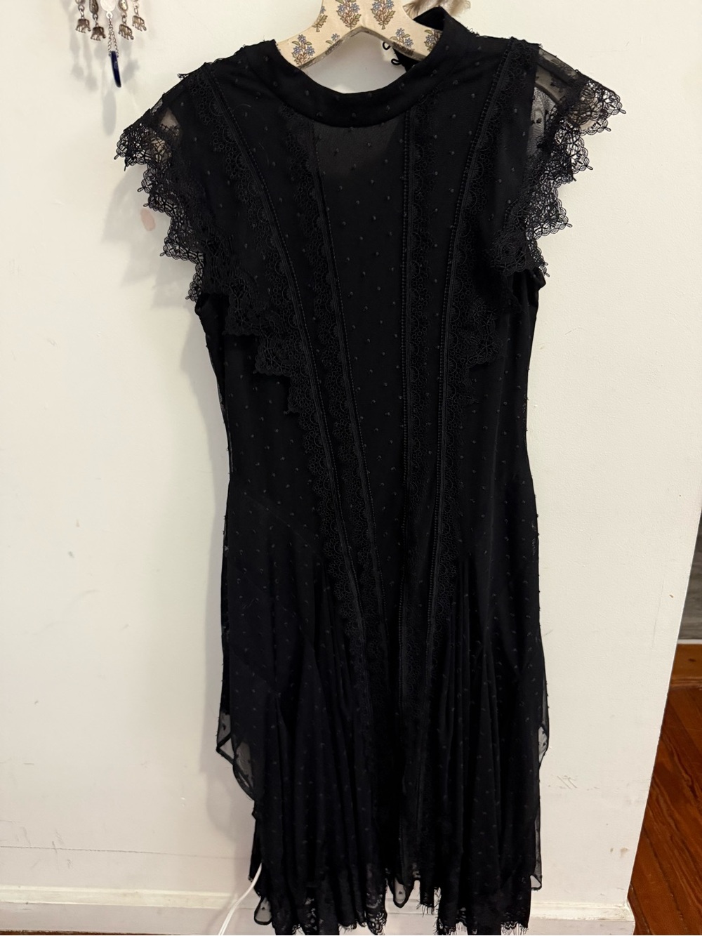 AllSaints Black Swiss Dot Lace Flutter Sleeve Dress Mock Neck Flare Handkerchief